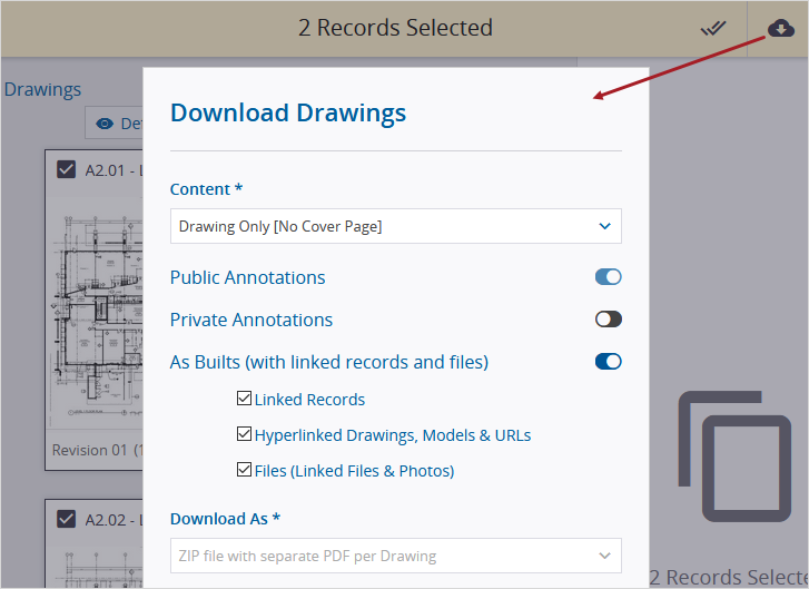 Download Drawings dialog